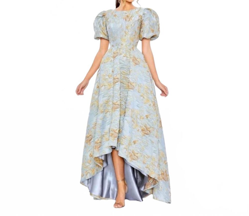 NEW MAC DUGGAL women's floral jacquard high low gown in blue gold